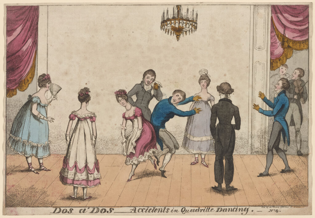 Caricature. Accidents in Quadrille Dancing, n°4, publiée chez McCleary, Nassau Street, Dublin.